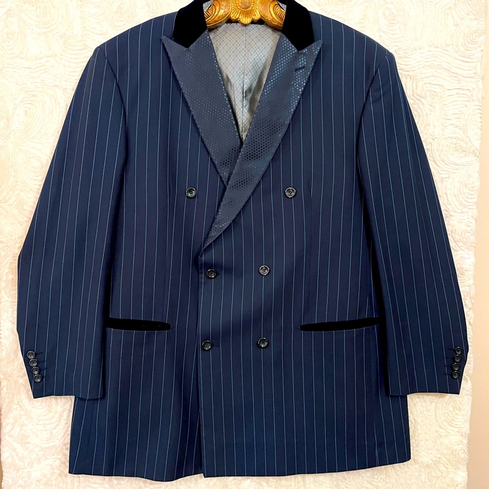 Men's 46R PALLINI Dapper Navy Pinstripe Zoot 3-Piece Vest Suit Slacks: 40x30